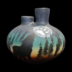 Vintage Native American Style Double Spout Wedding Vase Wolf Forest Scene